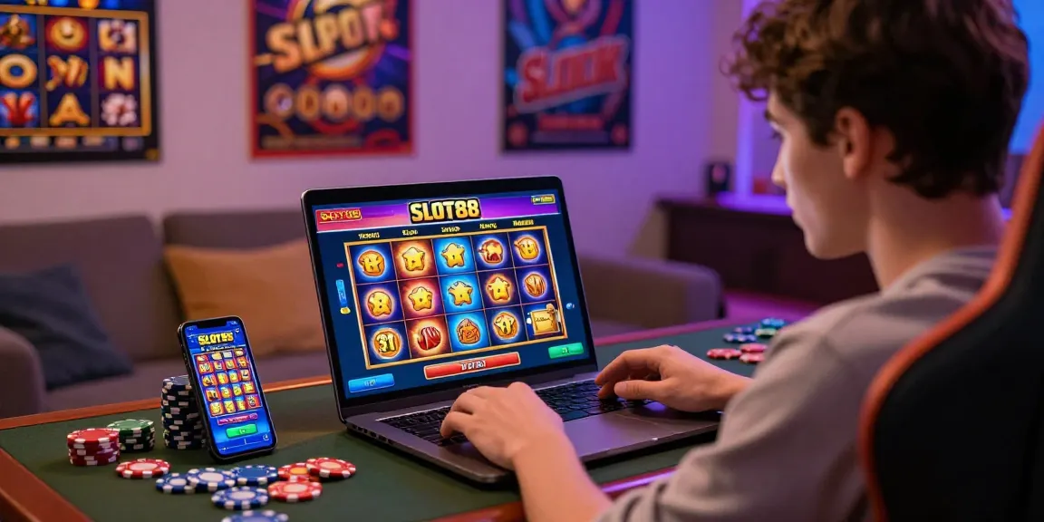 Engaging with SLOT88 login on laptop in vibrant gaming room with casino chips and smartphone app.