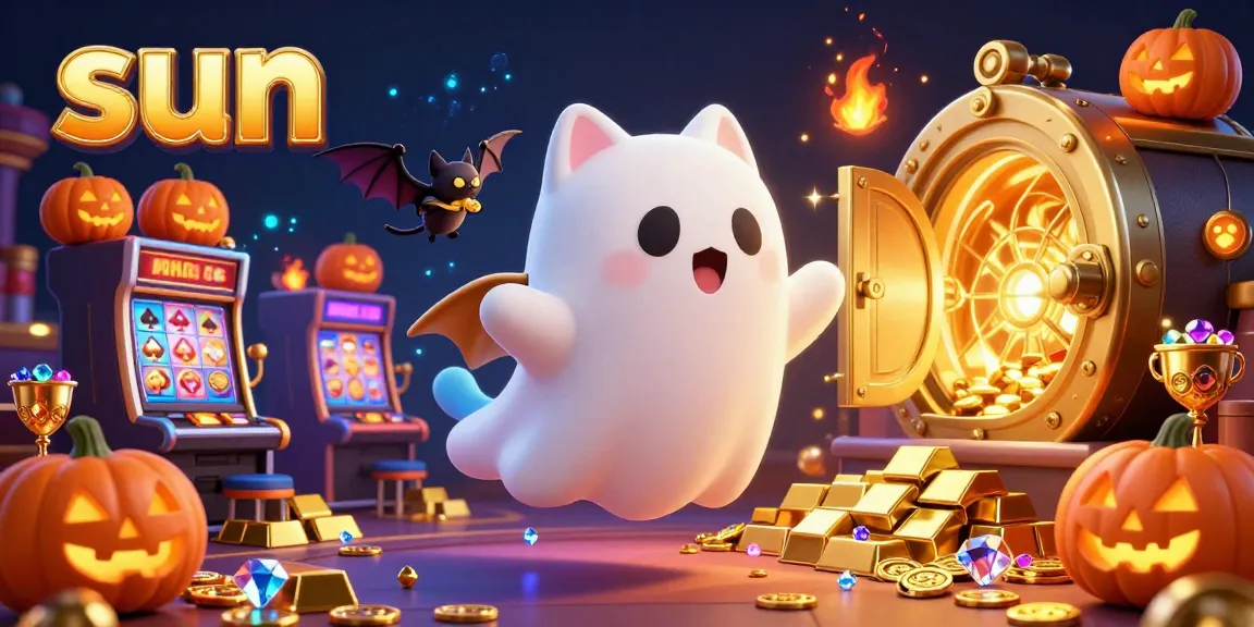 Engage in casino fun with sun-themed friendly ghost cat and vibrant gaming visuals.