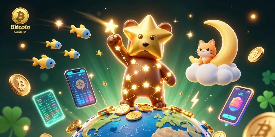 Jouez au Bitcoin casino et découvrez des personnages 3D captivants entourés de pièces et d'éléments de jeux.