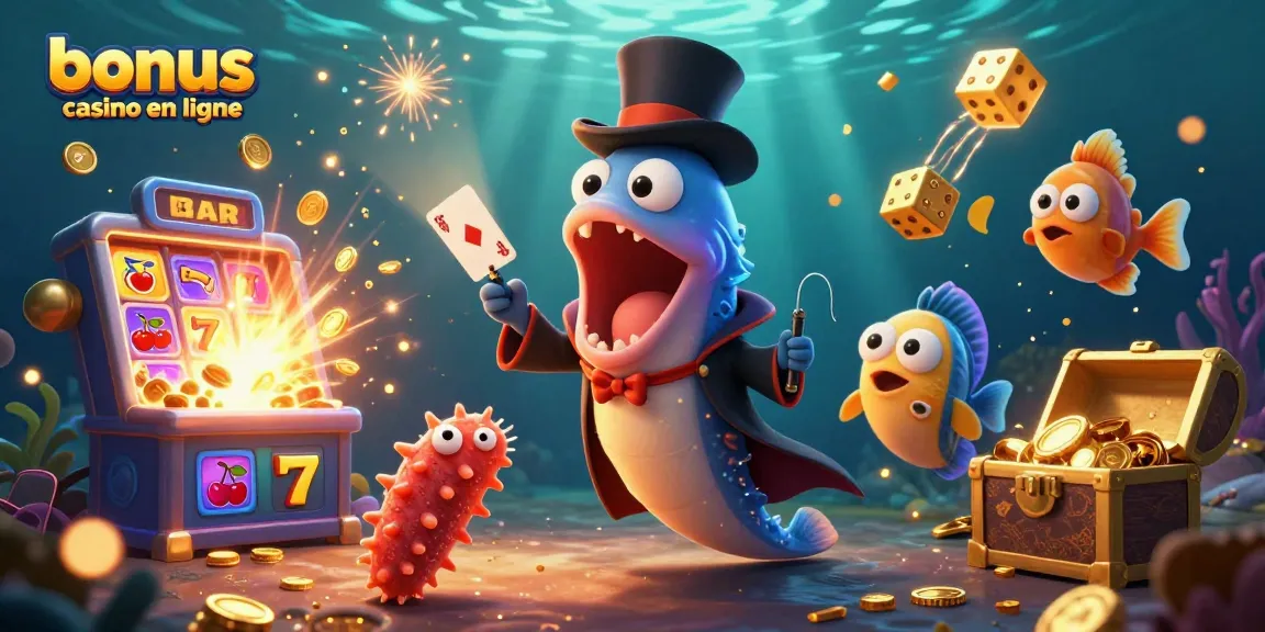 Scène captivante de jeux de casino en ligne avec un bonus casino en ligne illuminant l'événement magique sous-marin.